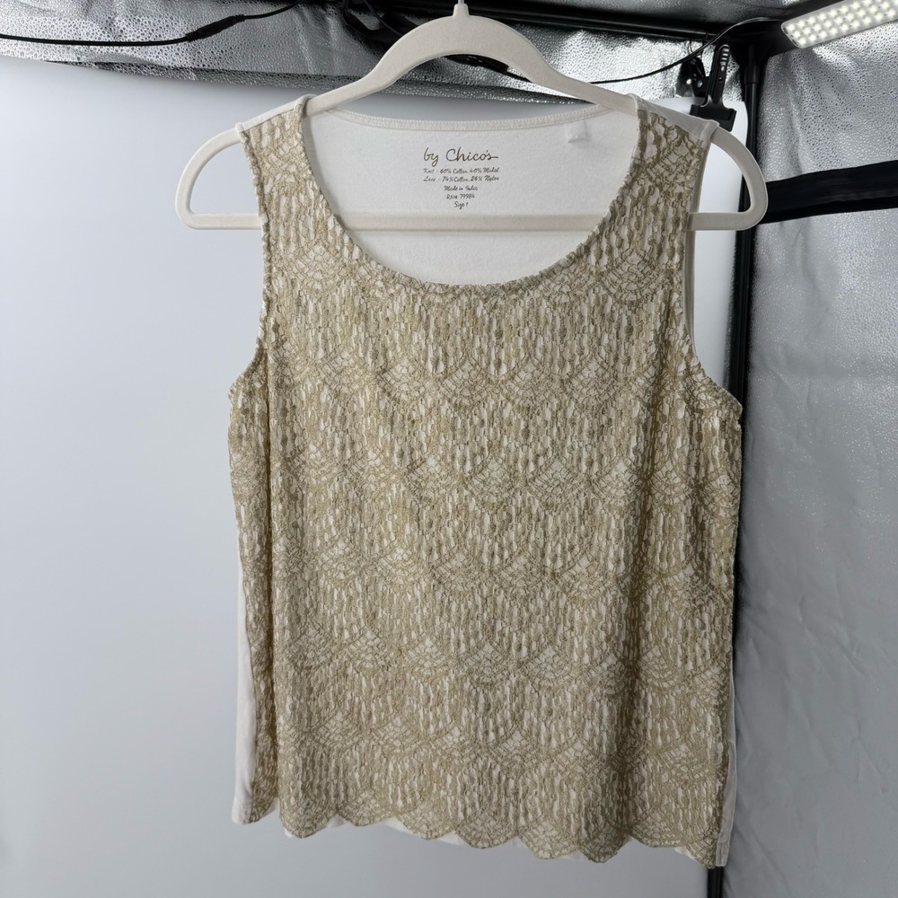 Chico's Summer Gold Lace Overlay Tank Top White Scoop Neck Size 1 Medium